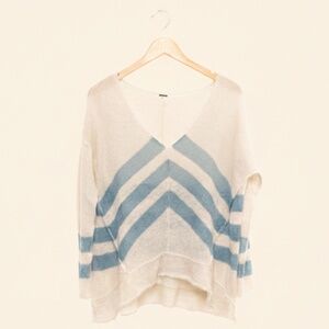 Free People Oversized Striped V-Neck Linen Blend Sweater - Cream & Blue